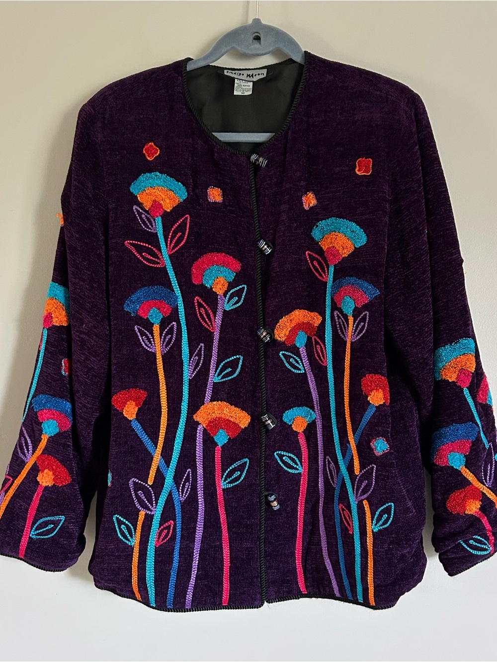 Purple Toggle Button Sweater Jacket Double Sided Embroidered Flowers Textured M